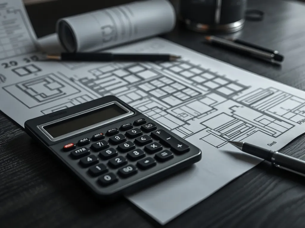 Close-up of architectural blueprints and a calculator on a d