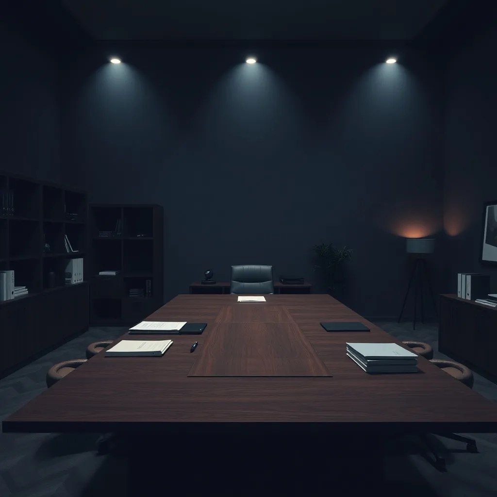A minimalist dark office interior with a large wooden desk a
