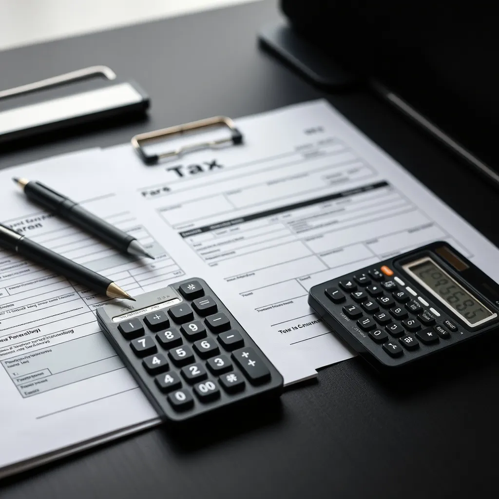 Close up of financial tax forms and a calculator on a dark m