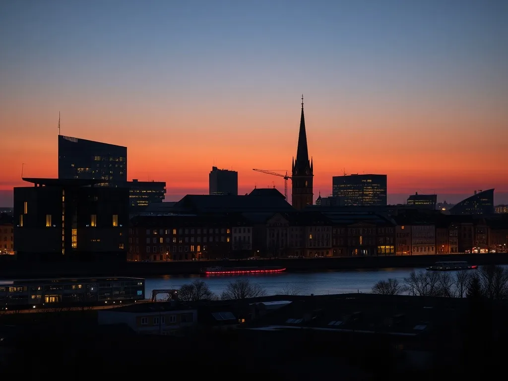 Modern architectural skyline of Wroclaw at dusk, sharp lines
